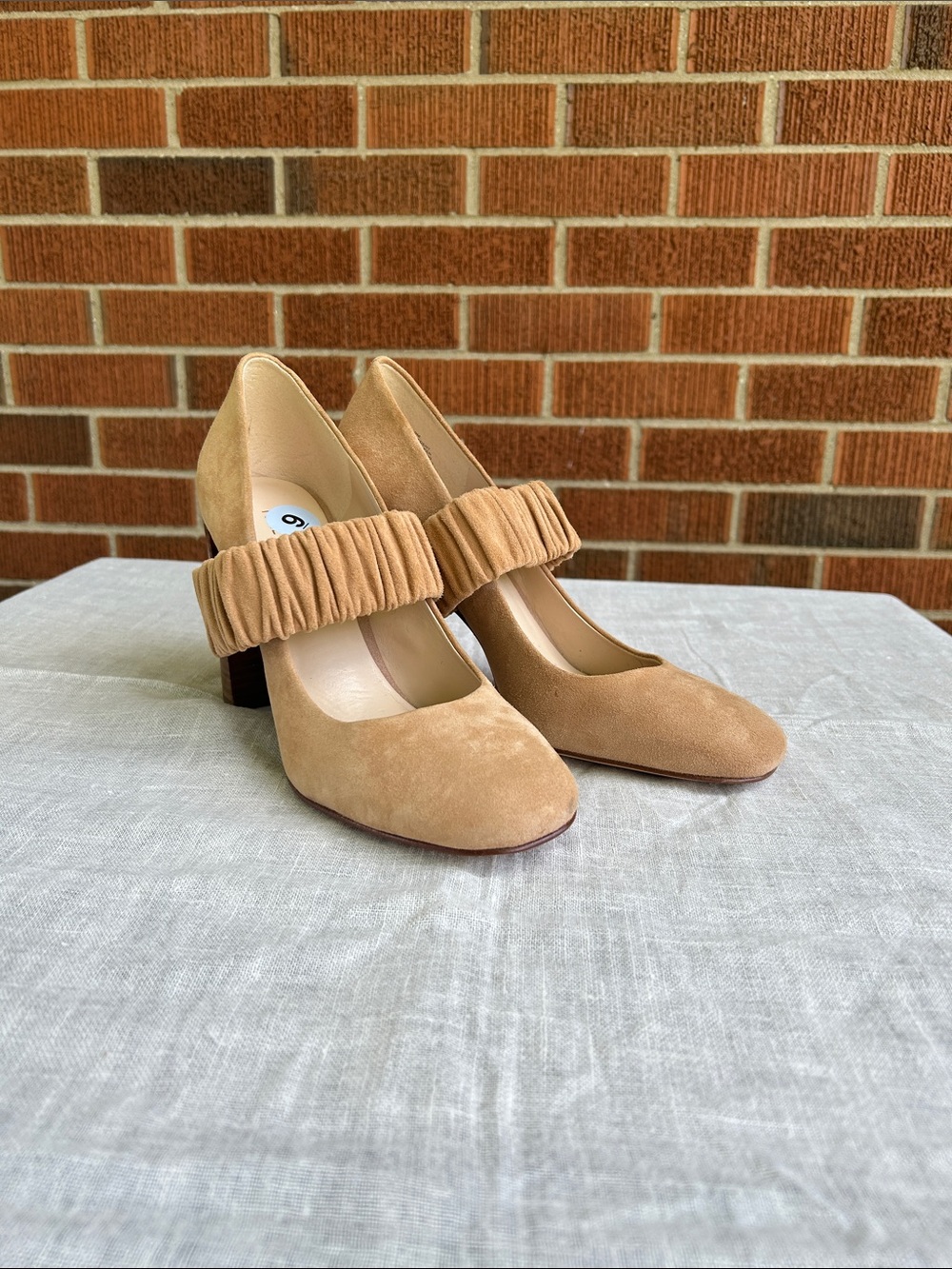Nine West Women's Tan Suede Block Heel Pumps with Ruched Strap - Picture 1 of 5